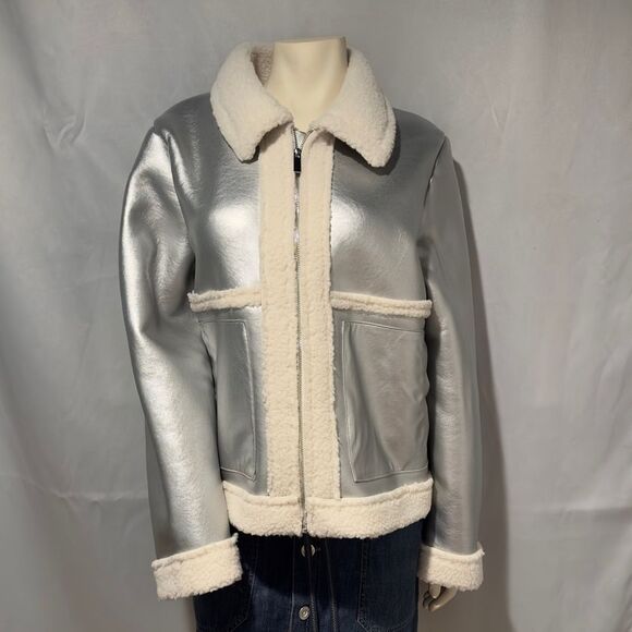 Massimo Jackets & Blazers - Silver Bomber Jacket Shearling Aviator Coat Steampunk Glam Rock Large